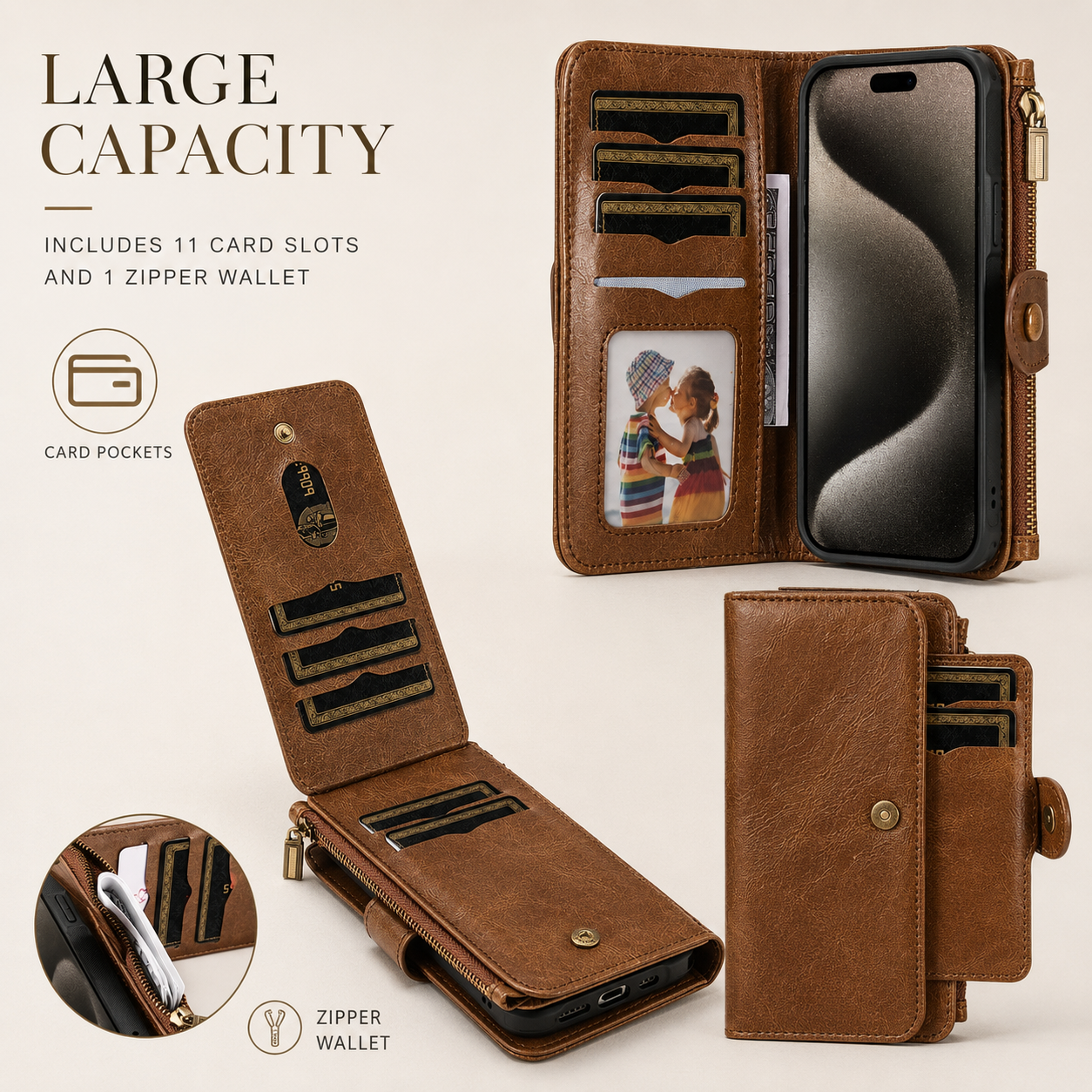 Premium iPhone Case Detachable Wallet Cover Zipper Card Holder PU Leather Shockproof Full Coverage Anti Fingerprint Non Slip Protective Design