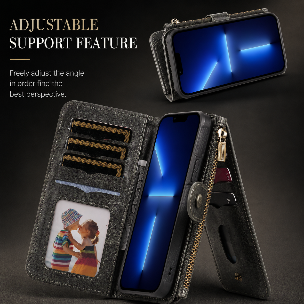 Premium iPhone Case Detachable Wallet Cover Zipper Card Holder PU Leather Shockproof Full Coverage Anti Fingerprint Non Slip Protective Design