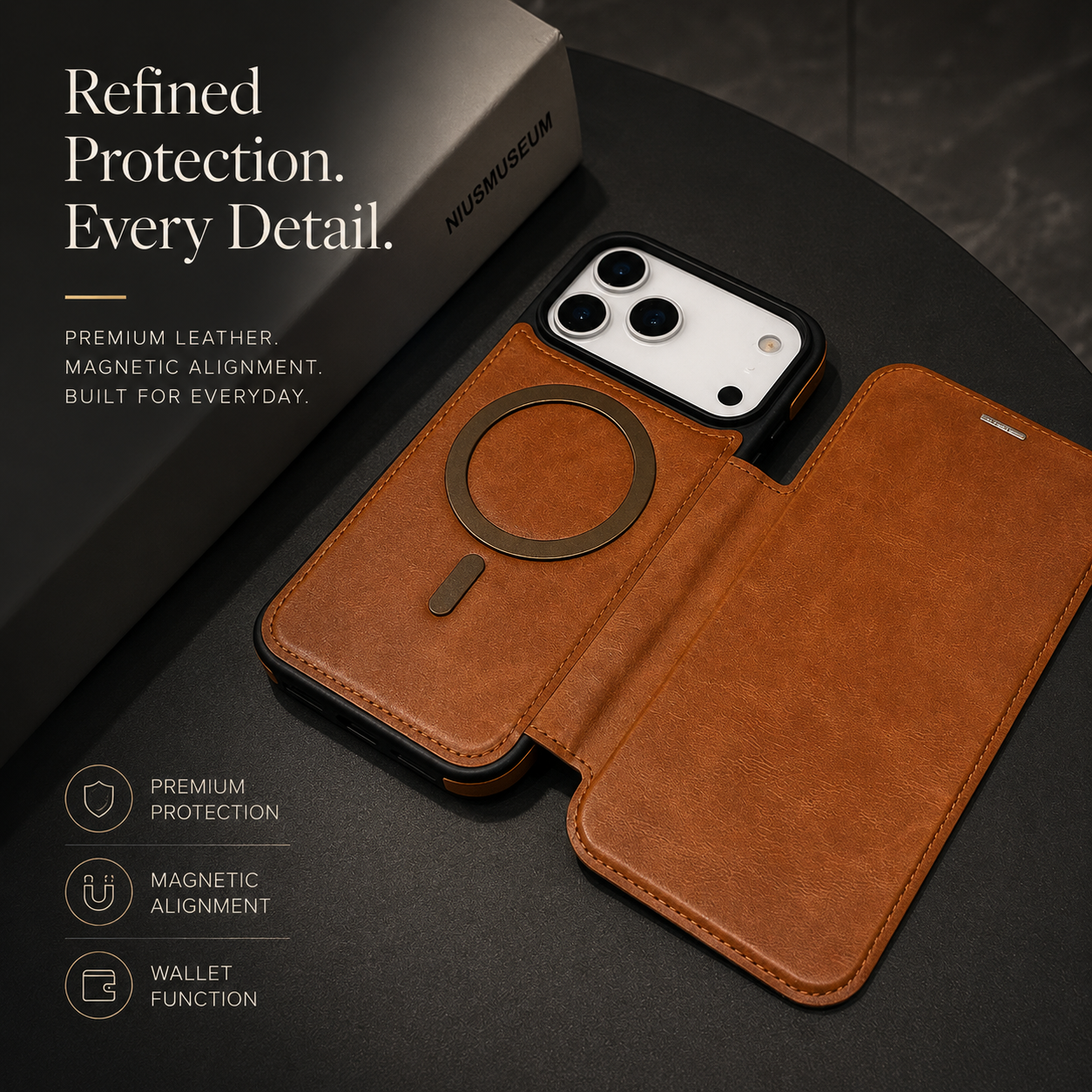 Premium iPhone Case Flip Leather Wallet Cover Magnetic Charging Compatible Card Holder Shockproof Slim Business Design Full Coverage Protection