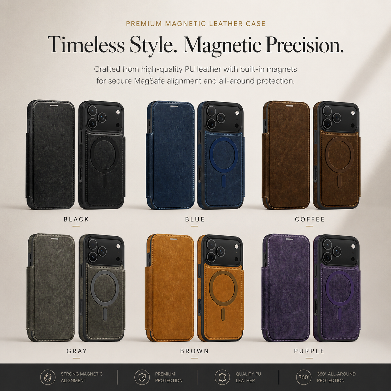 Premium iPhone Case Flip Leather Wallet Cover Magnetic Charging Compatible Card Holder Shockproof Slim Business Design Full Coverage Protection