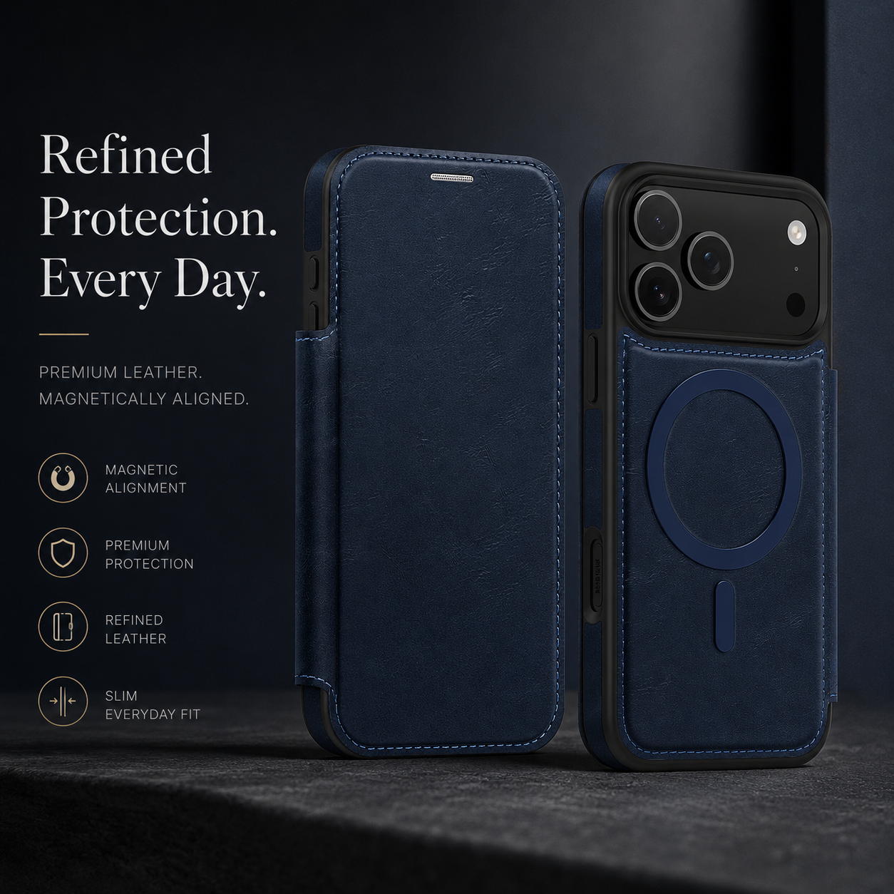 Premium iPhone Case Flip Leather Wallet Cover Magnetic Charging Compatible Card Holder Shockproof Slim Business Design Full Coverage Protection