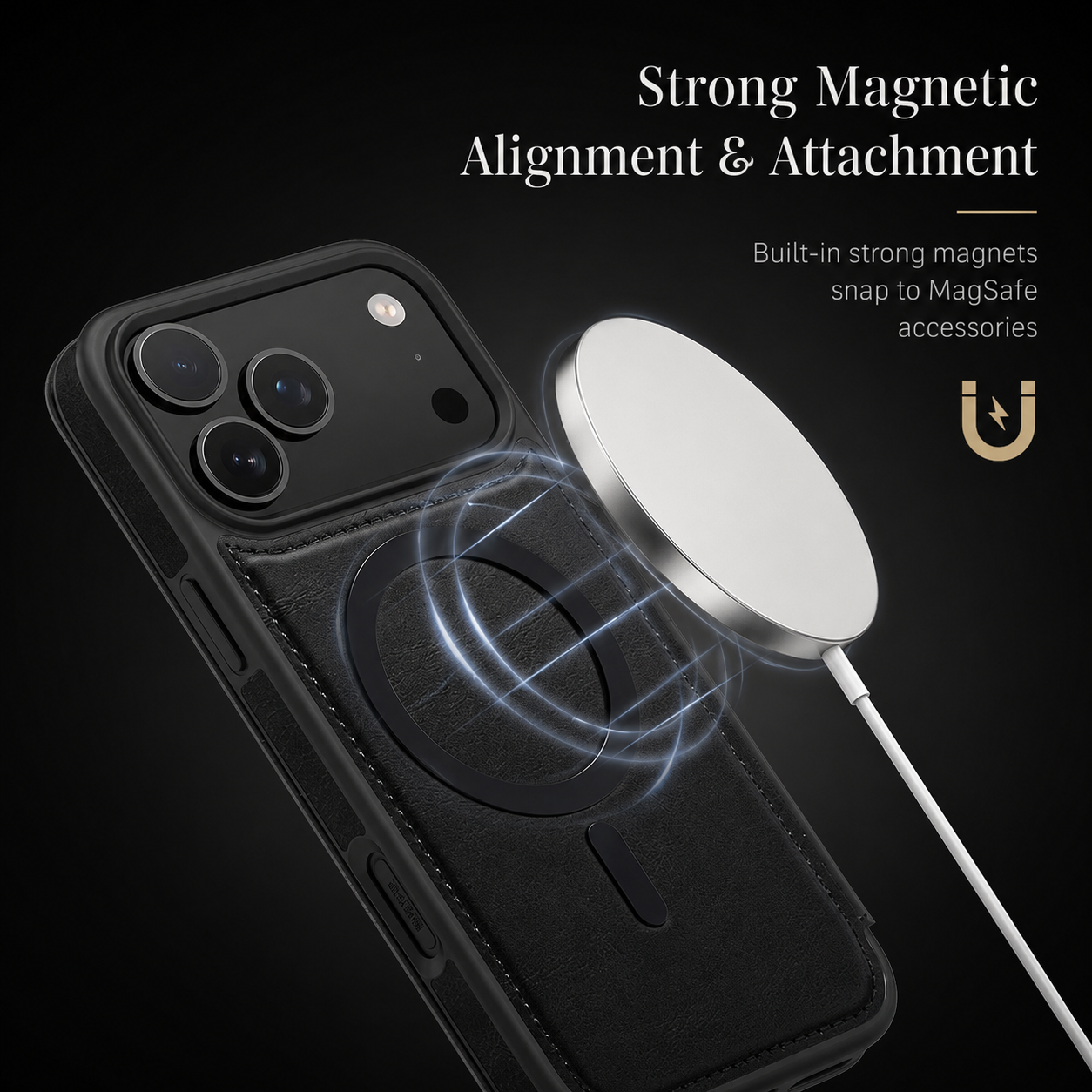 Premium iPhone Case Flip Leather Wallet Cover Magnetic Charging Compatible Card Holder Shockproof Slim Business Design Full Coverage Protection
