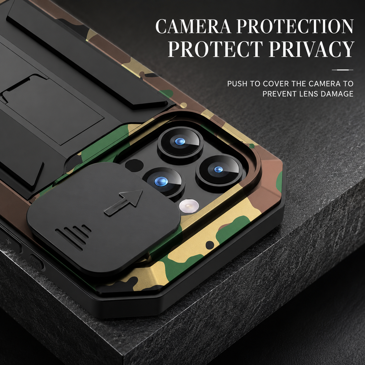 Premium iPhone Case Full Body Aluminum Metal Protective Cover Tempered Glass Screen Camera Lens Slider Shockproof Dual Layer Kickstand Design