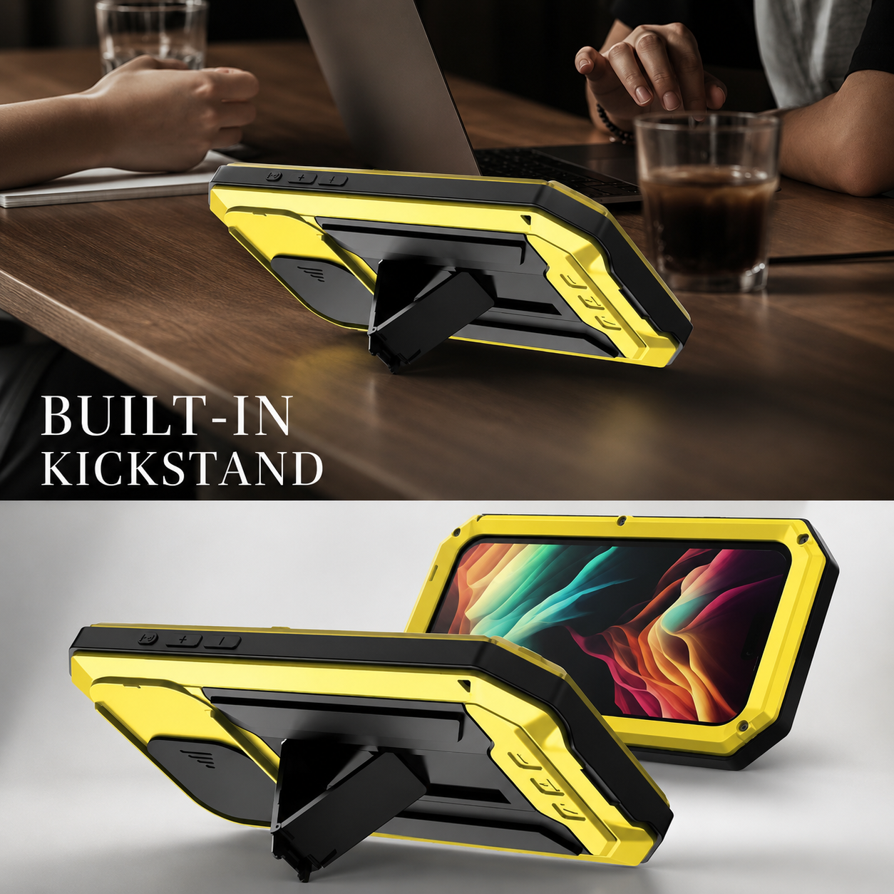 Premium iPhone Case Full Body Aluminum Metal Protective Cover Tempered Glass Screen Camera Lens Slider Shockproof Dual Layer Kickstand Design