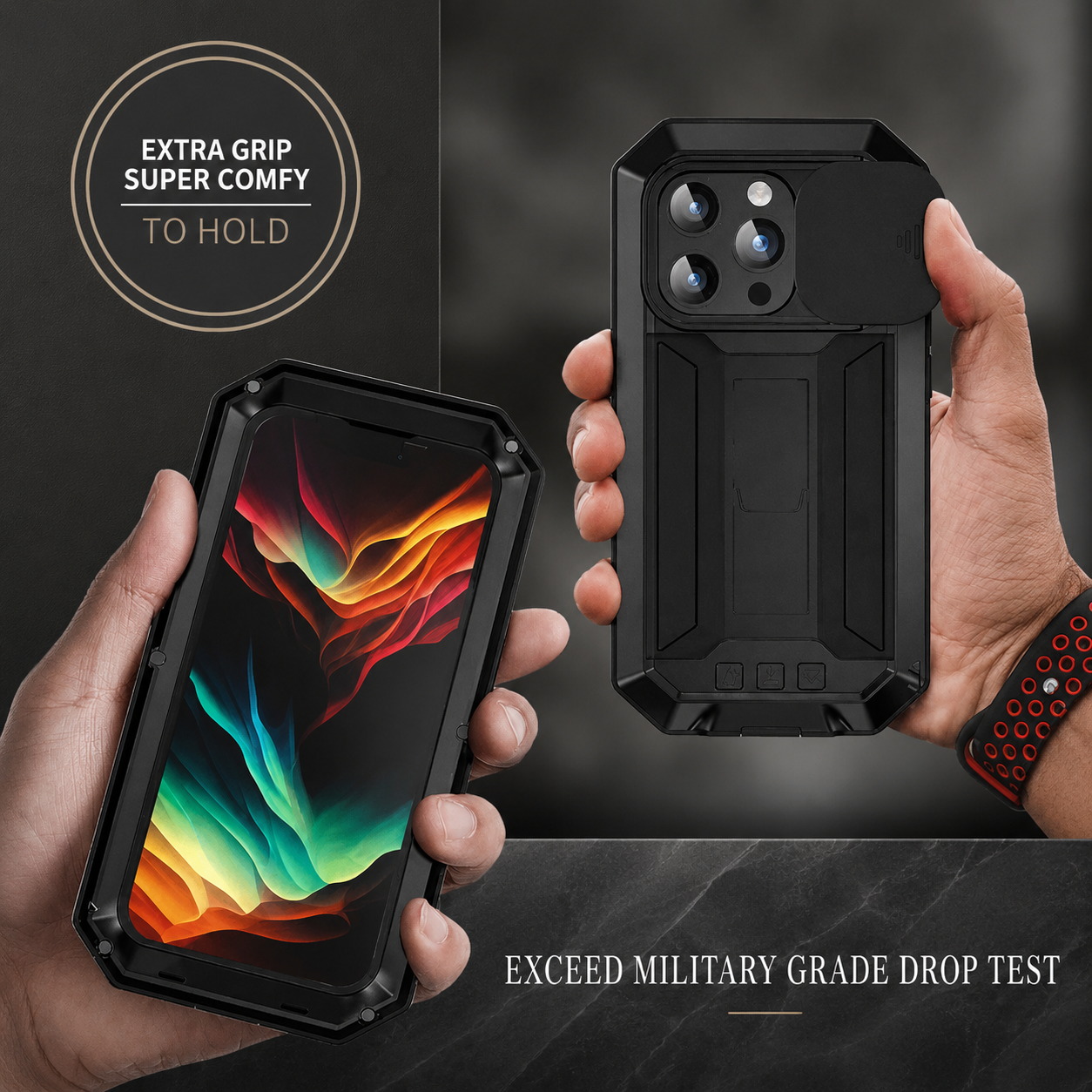 Premium iPhone Case Full Body Aluminum Metal Protective Cover Tempered Glass Screen Camera Lens Slider Shockproof Dual Layer Kickstand Design