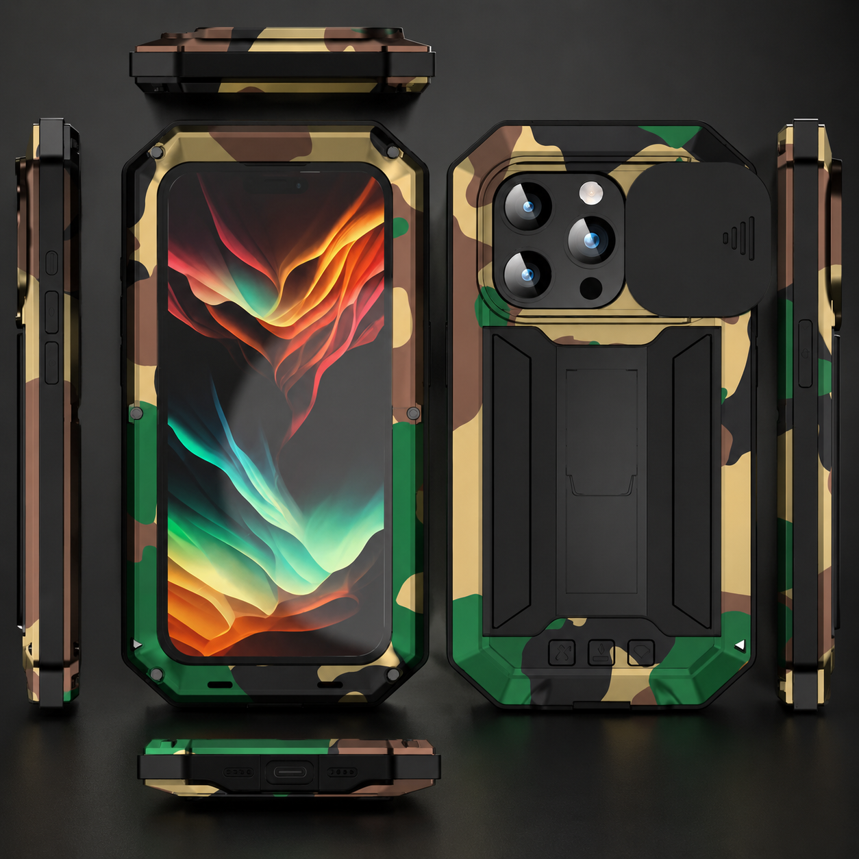 Premium iPhone Case Full Body Aluminum Metal Protective Cover Tempered Glass Screen Camera Lens Slider Shockproof Dual Layer Kickstand Design