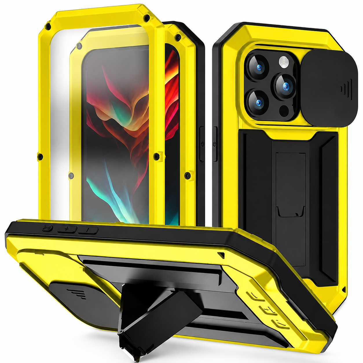 Premium iPhone Case Full Body Aluminum Metal Protective Cover Tempered Glass Screen Camera Lens Slider Shockproof Dual Layer Kickstand Design