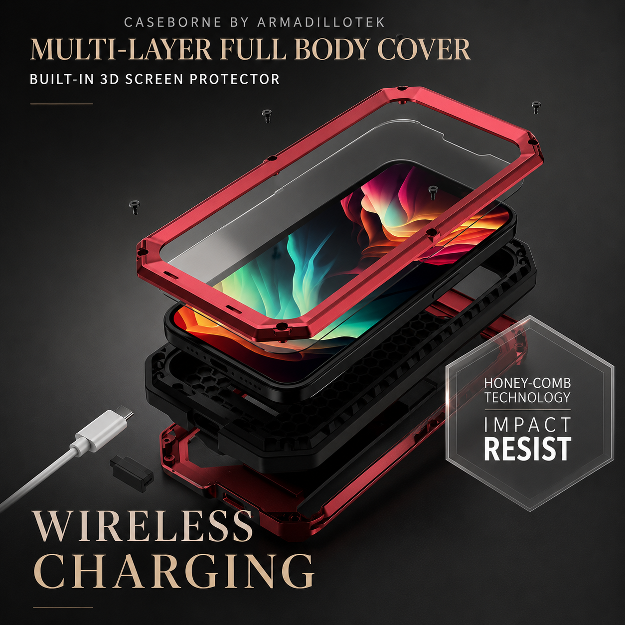 Premium iPhone Case Full Body Aluminum Metal Protective Cover Tempered Glass Screen Camera Lens Slider Shockproof Dual Layer Kickstand Design