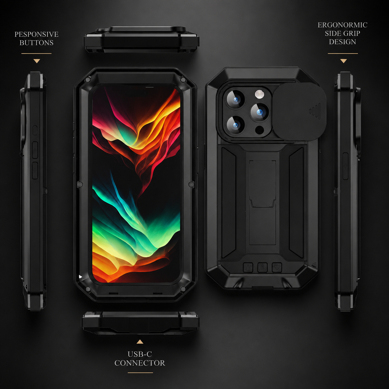 Premium iPhone Case Full Body Aluminum Metal Protective Cover Tempered Glass Screen Camera Lens Slider Shockproof Dual Layer Kickstand Design