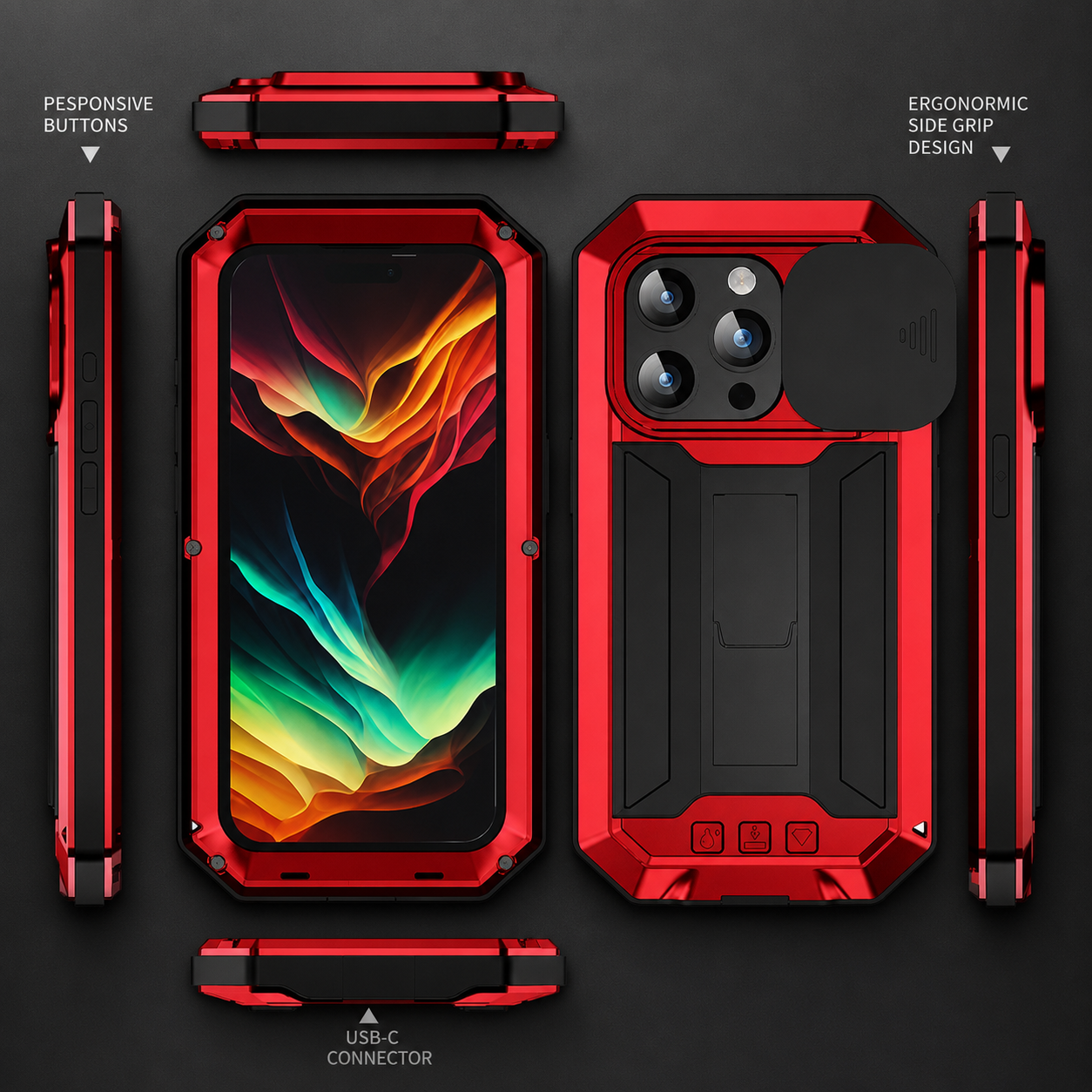 Premium iPhone Case Full Body Aluminum Metal Protective Cover Tempered Glass Screen Camera Lens Slider Shockproof Dual Layer Kickstand Design