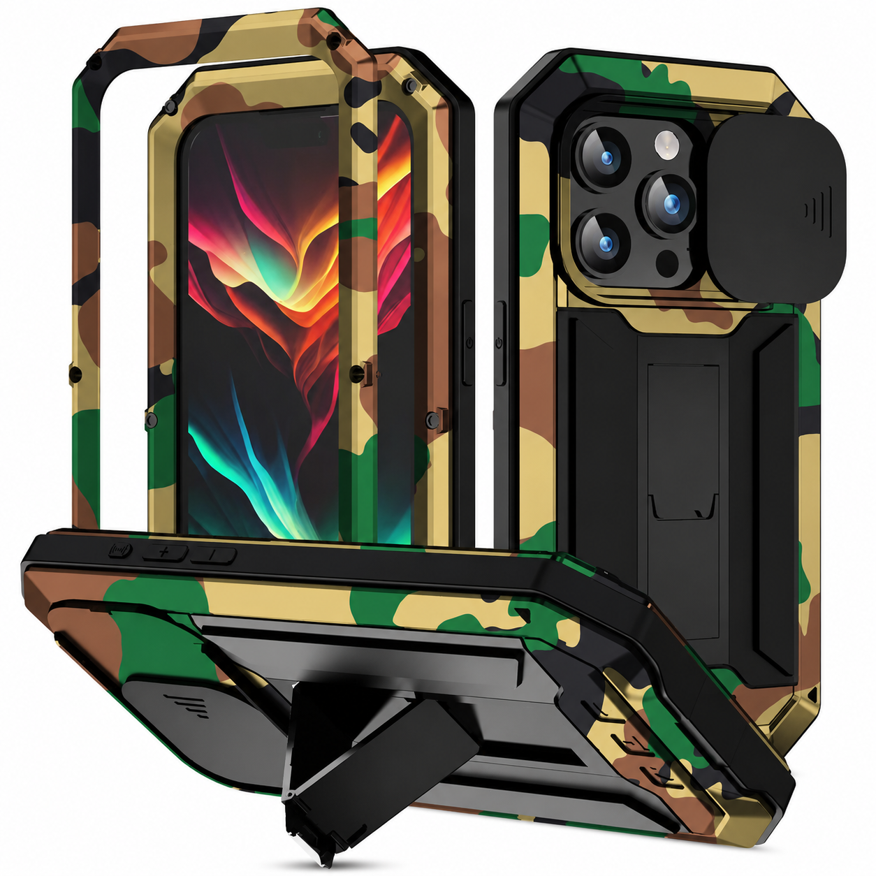 Premium iPhone Case Full Body Aluminum Metal Protective Cover Tempered Glass Screen Camera Lens Slider Shockproof Dual Layer Kickstand Design
