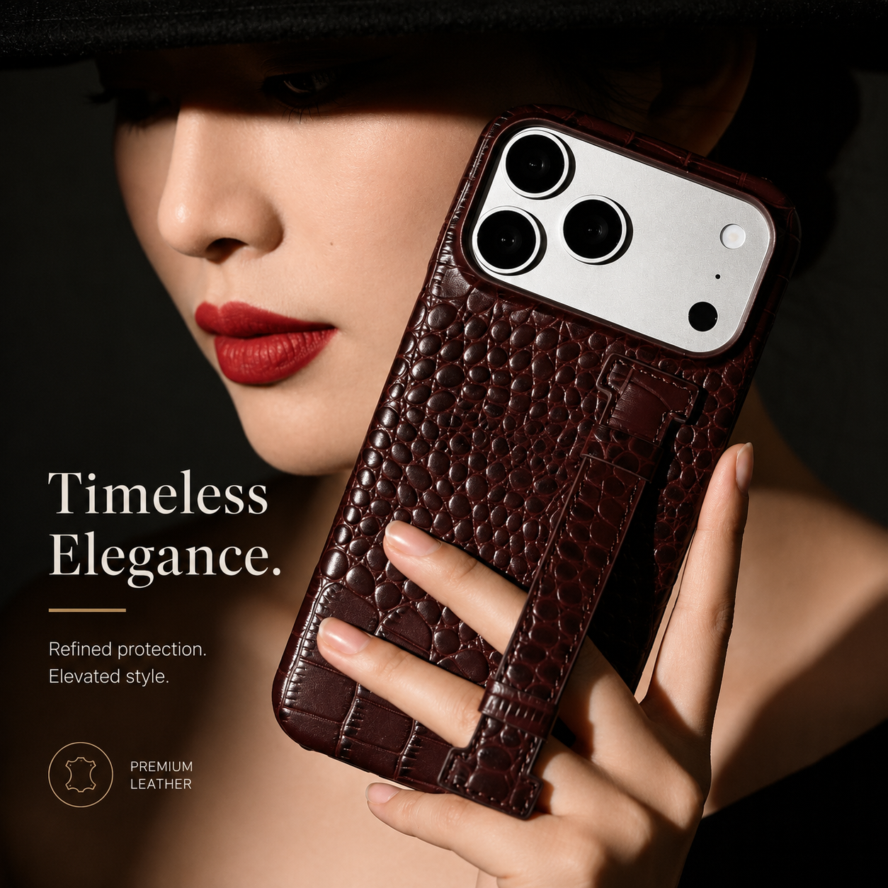 Premium iPhone Case Genuine Leather Crocodile Pattern Kickstand Wrist Strap Shockproof Protective Cover Slim Wallet Style Full Coverage Design