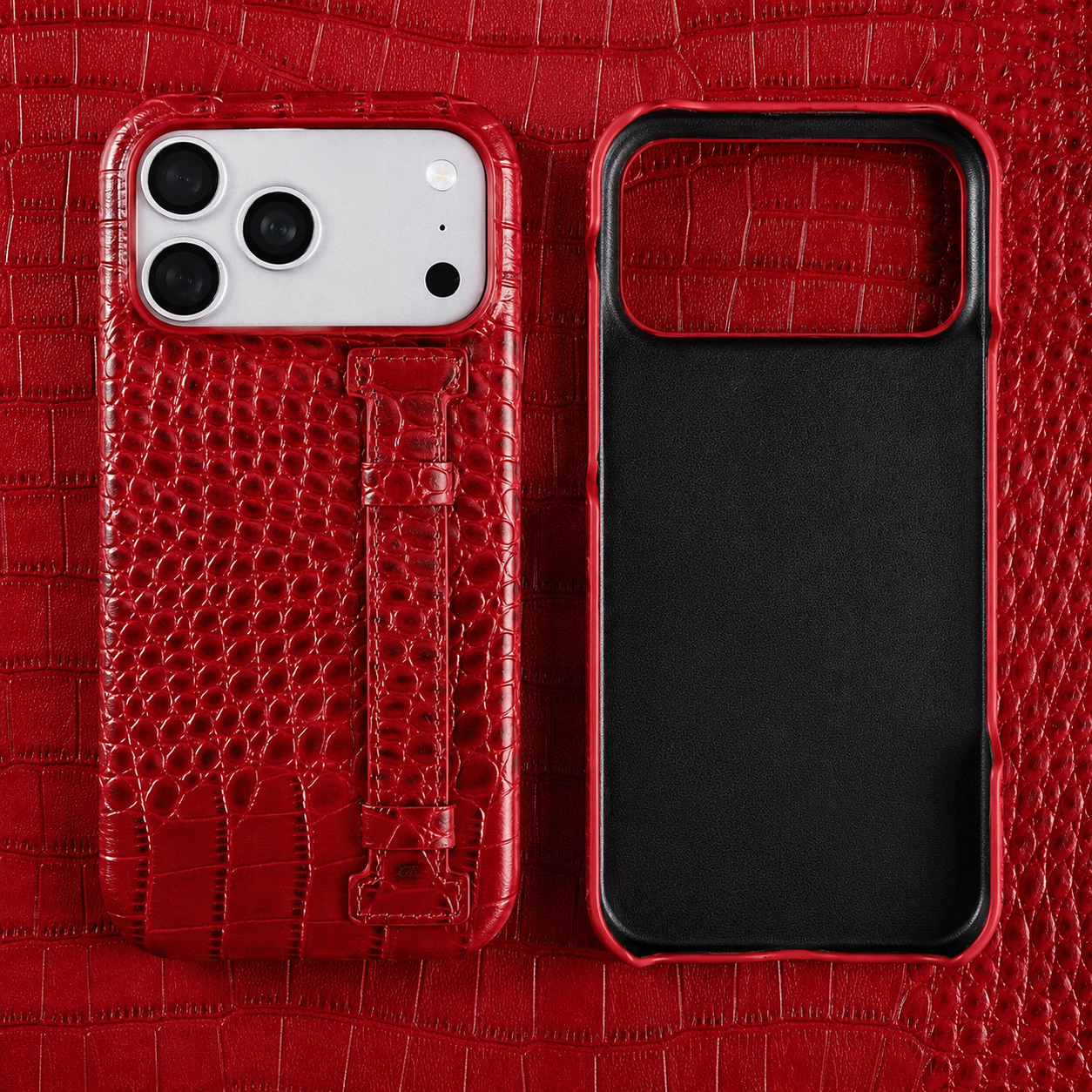 Premium iPhone Case Genuine Leather Crocodile Pattern Kickstand Wrist Strap Shockproof Protective Cover Slim Wallet Style Full Coverage Design