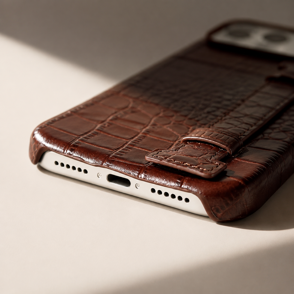 Premium iPhone Case Genuine Leather Crocodile Pattern Kickstand Wrist Strap Shockproof Protective Cover Slim Wallet Style Full Coverage Design