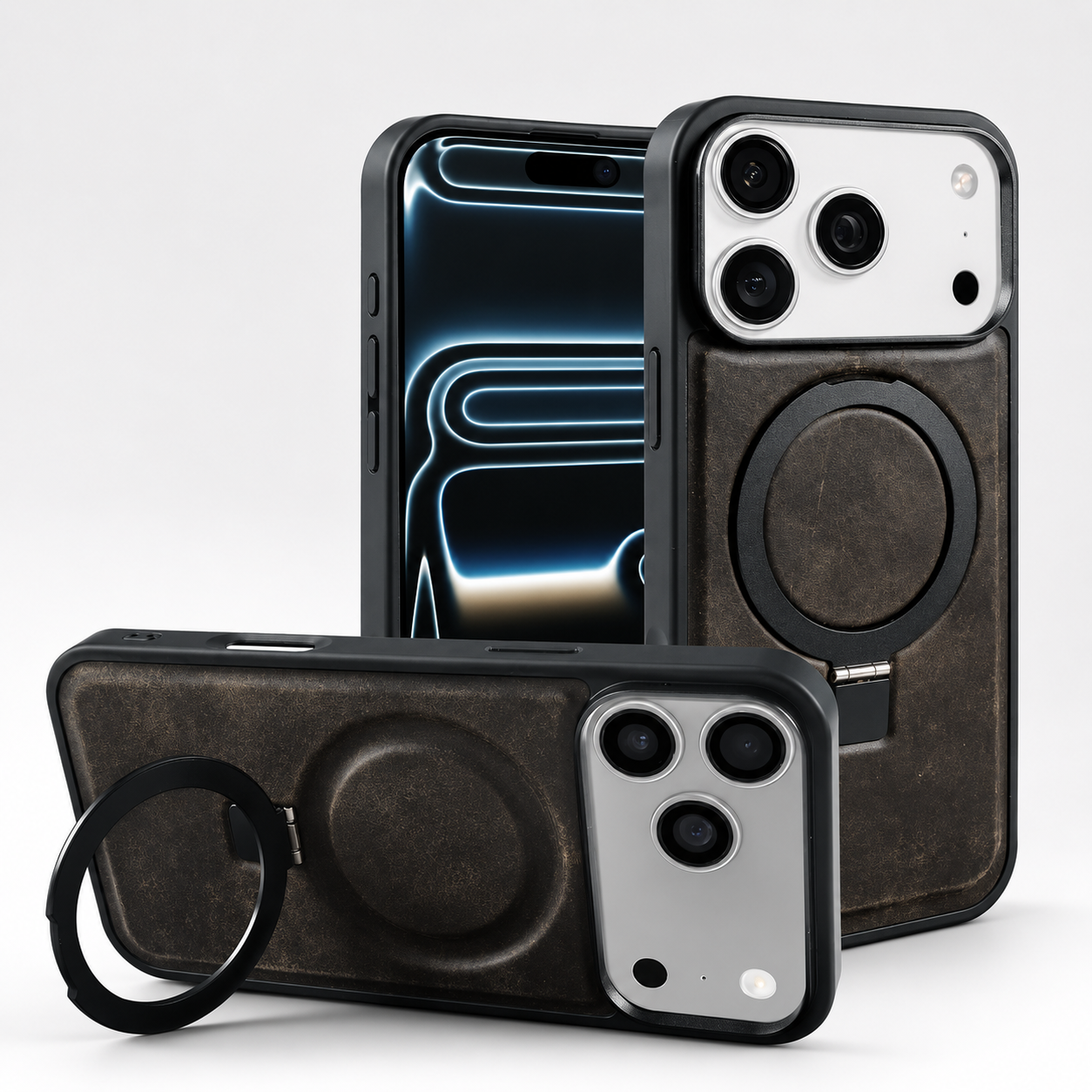 Premium iPhone Case Genuine Leather Magnetic Kickstand Foldable Bracket Stand Shockproof Protective Cover Slim Full Coverage Back Shell Design