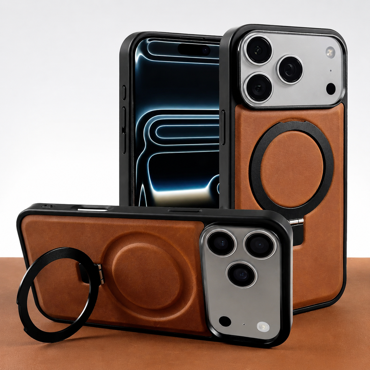 Premium iPhone Case Genuine Leather Magnetic Kickstand Foldable Bracket Stand Shockproof Protective Cover Slim Full Coverage Back Shell Design