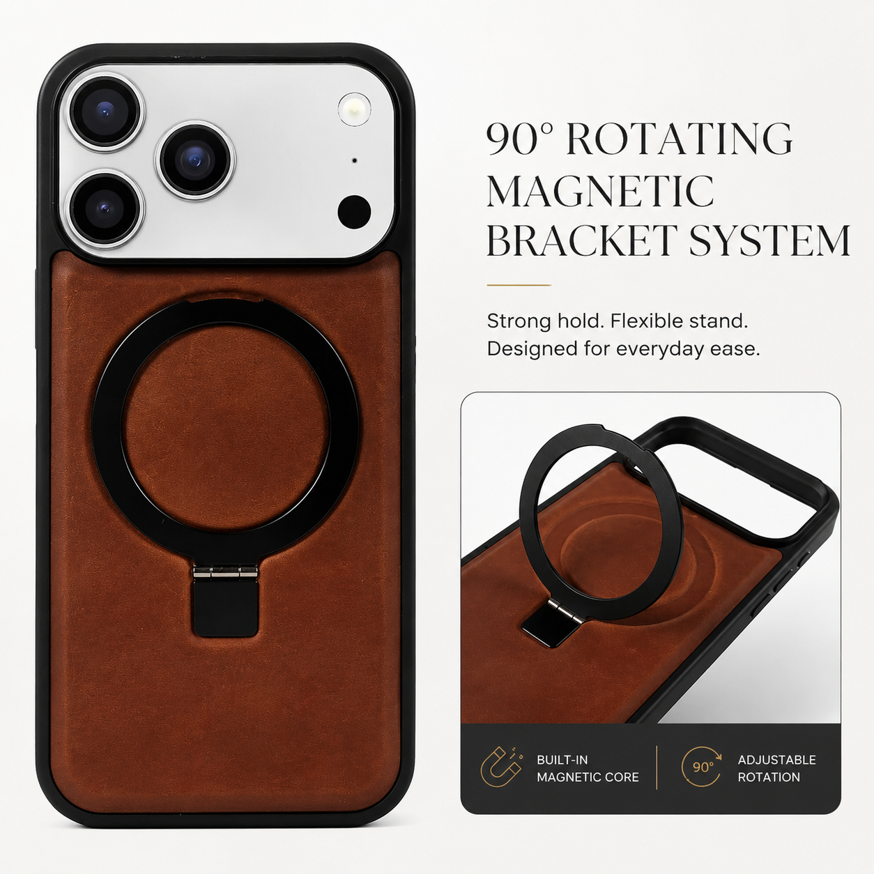 Premium iPhone Case Genuine Leather Magnetic Kickstand Foldable Bracket Stand Shockproof Protective Cover Slim Full Coverage Back Shell Design
