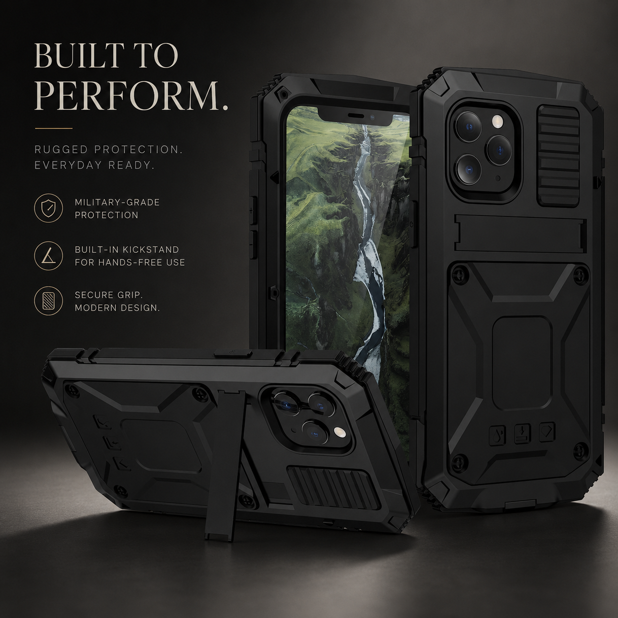 Premium iPhone Case Heavy Duty Aluminum Metal Armor Cover Tempered Glass Screen Shockproof Water Resistant Full Body Kickstand Camera Protection