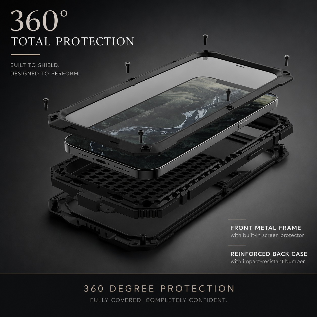 Premium iPhone Case Heavy Duty Aluminum Metal Armor Cover Tempered Glass Screen Shockproof Water Resistant Full Body Kickstand Camera Protection