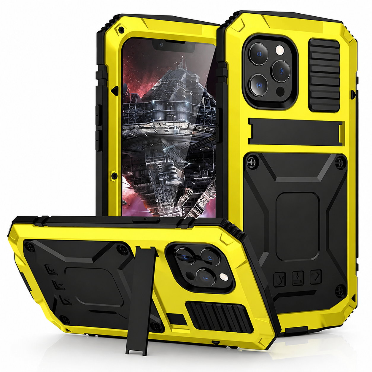 Premium iPhone Case Heavy Duty Aluminum Metal Armor Cover Tempered Glass Screen Shockproof Water Resistant Full Body Kickstand Camera Protection