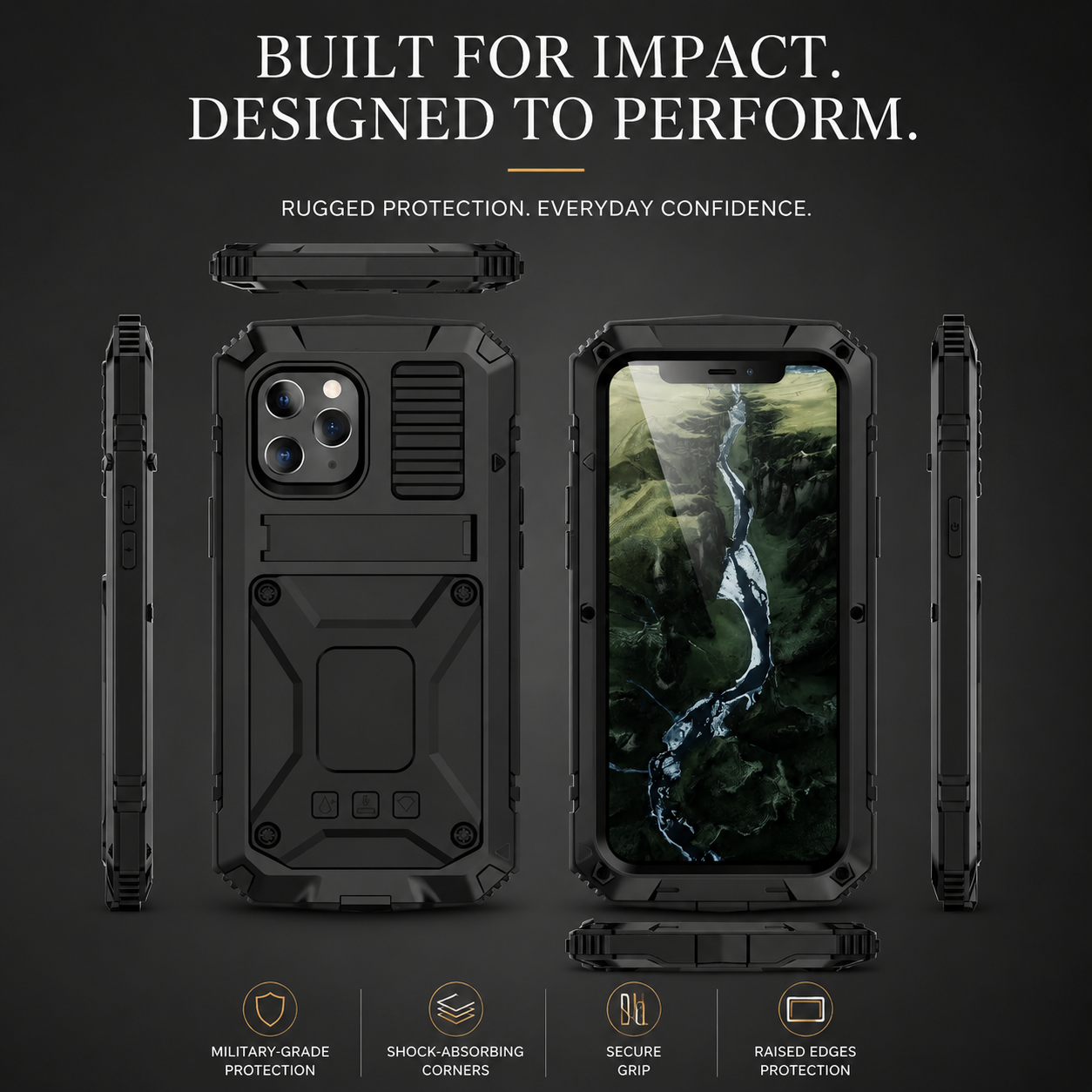 Premium iPhone Case Heavy Duty Aluminum Metal Armor Cover Tempered Glass Screen Shockproof Water Resistant Full Body Kickstand Camera Protection