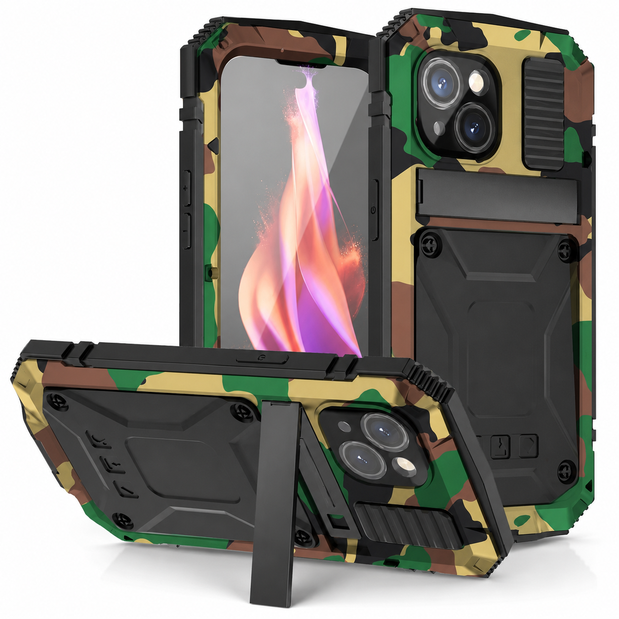 Premium iPhone Case Heavy Duty Aluminum Metal Armor Cover Tempered Glass Screen Shockproof Water Resistant Full Body Kickstand Camera Protection