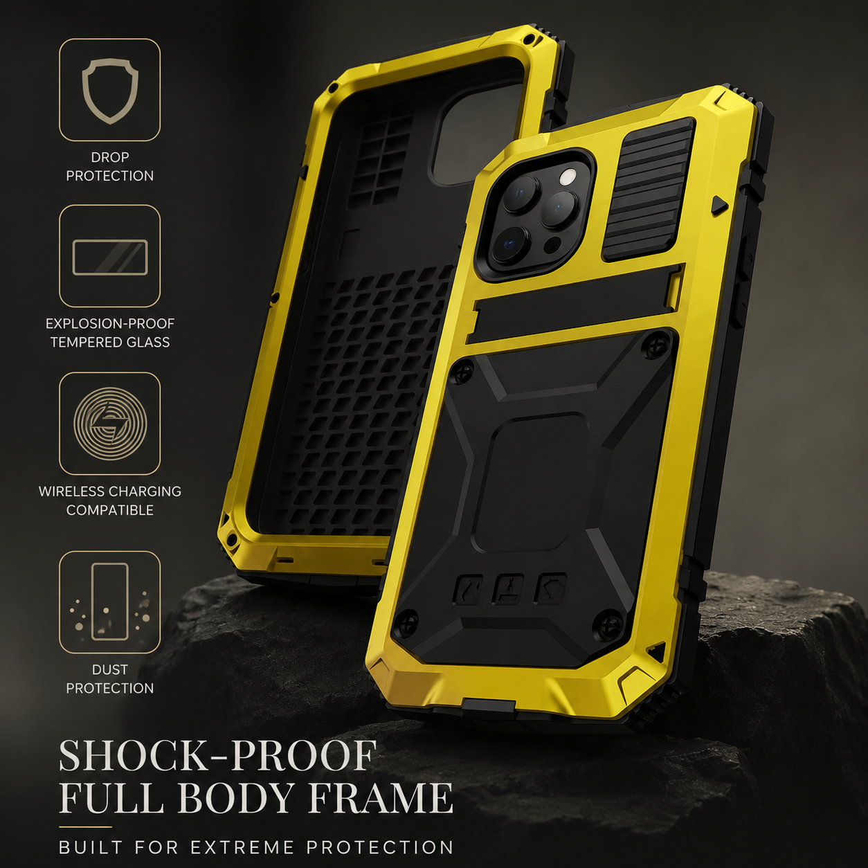 Premium iPhone Case Heavy Duty Aluminum Metal Armor Cover Tempered Glass Screen Shockproof Water Resistant Full Body Kickstand Camera Protection