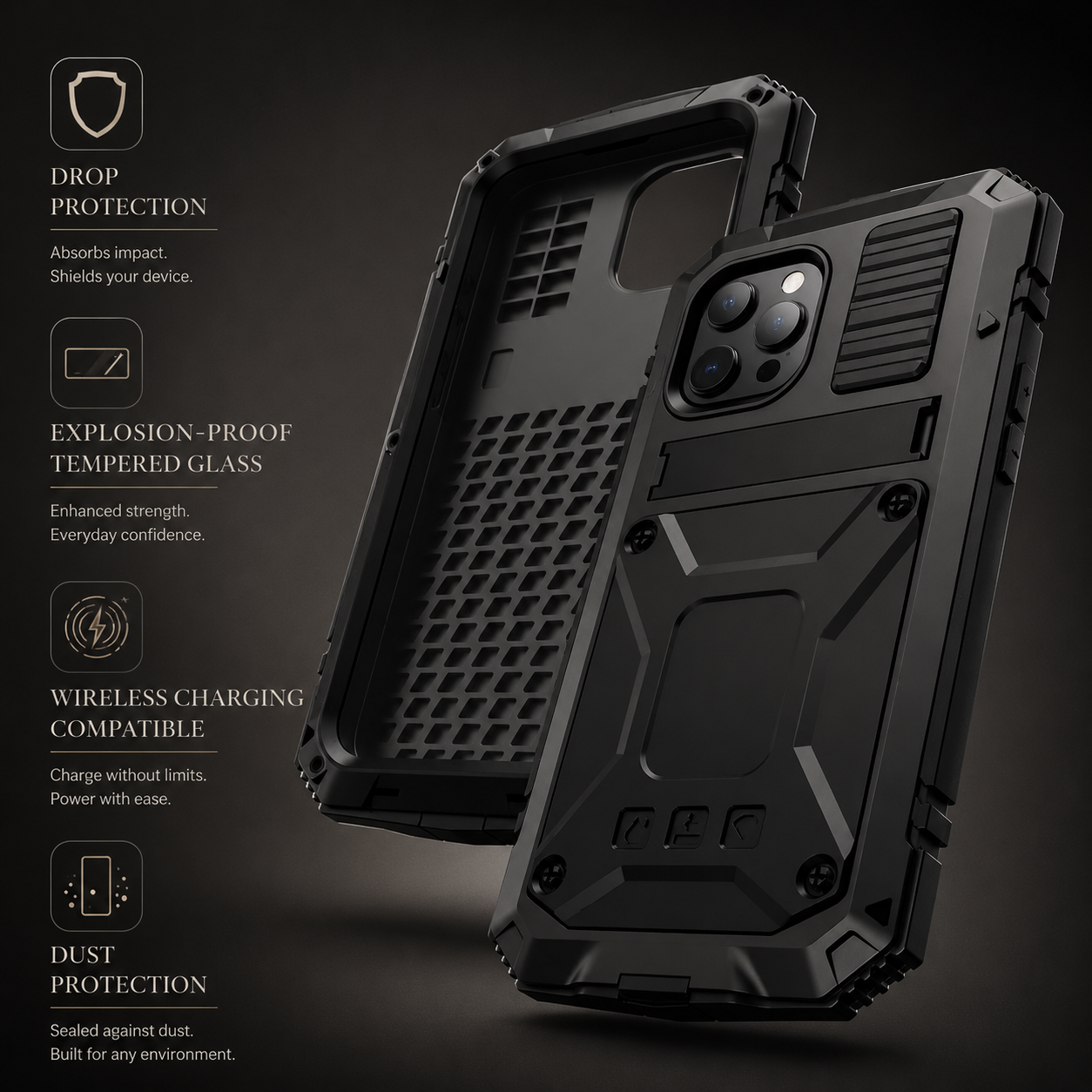 Premium iPhone Case Heavy Duty Aluminum Metal Armor Cover Tempered Glass Screen Shockproof Water Resistant Full Body Kickstand Camera Protection