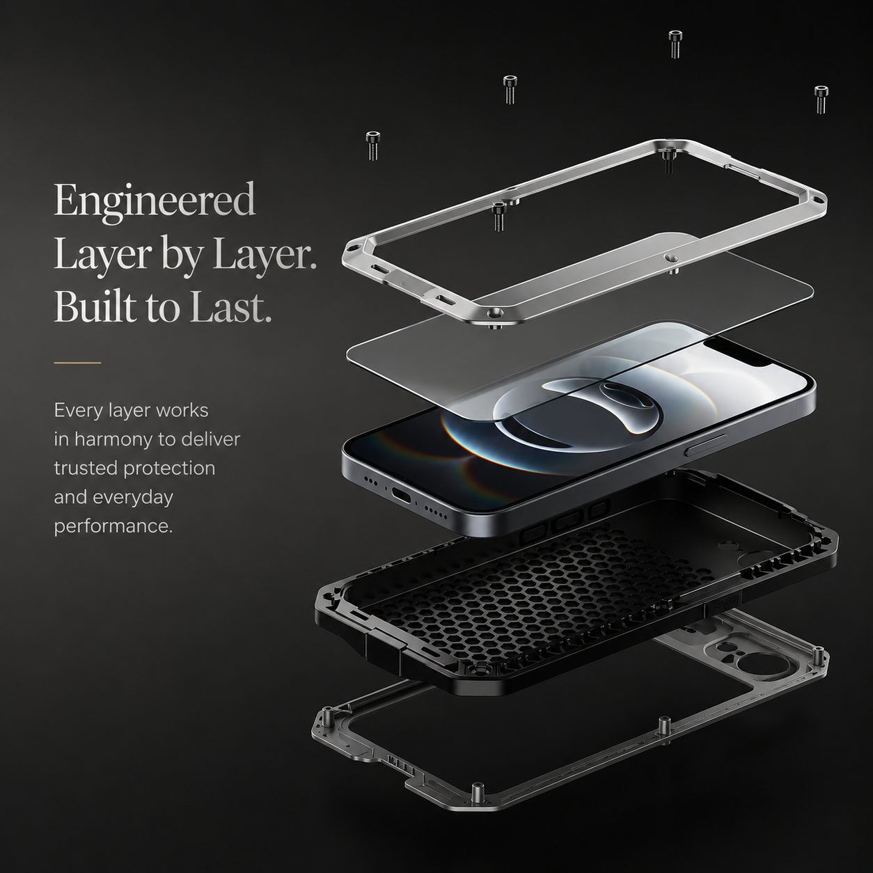 Premium iPhone Case Heavy Duty Metal Protective Cover Built In Glass Screen Protector Shockproof TPU PC Rugged Camera Protection Full Coverage