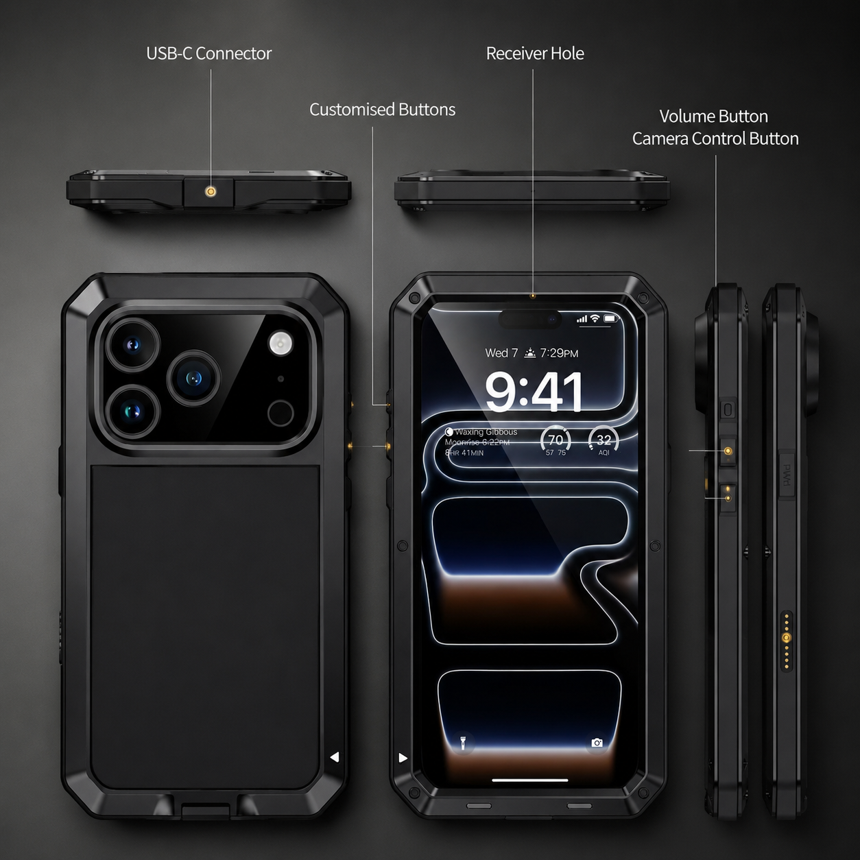 Premium iPhone Case Heavy Duty Metal Protective Cover Built In Glass Screen Protector Shockproof TPU PC Rugged Camera Protection Full Coverage