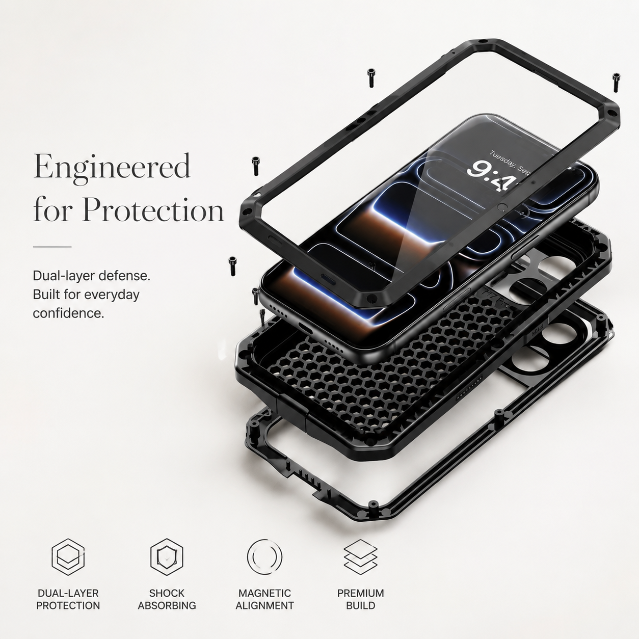 Premium iPhone Case Heavy Duty Metal Protective Cover Built In Glass Screen Protector Shockproof TPU PC Rugged Camera Protection Full Coverage