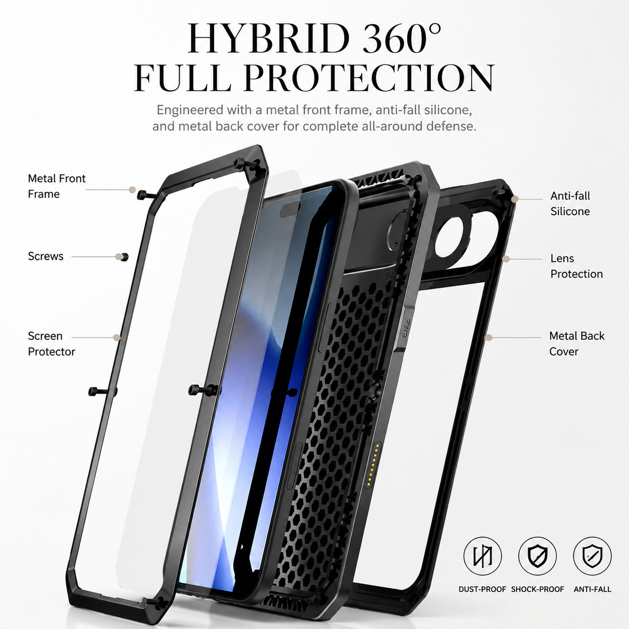Premium iPhone Case Heavy Duty Metal Protective Cover Built In Glass Screen Protector Shockproof TPU PC Rugged Camera Protection Full Coverage