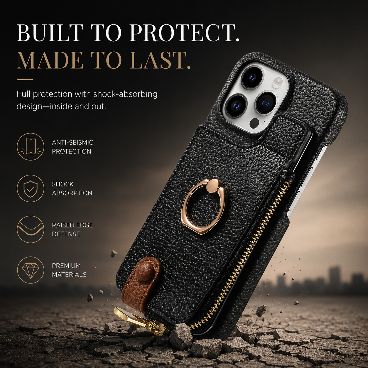 Premium iPhone Case Leather Zipper Wallet Protective Cover Card Holder Ring Kickstand Magnetic Closure Shockproof Anti Fingerprint Full Body Protection
