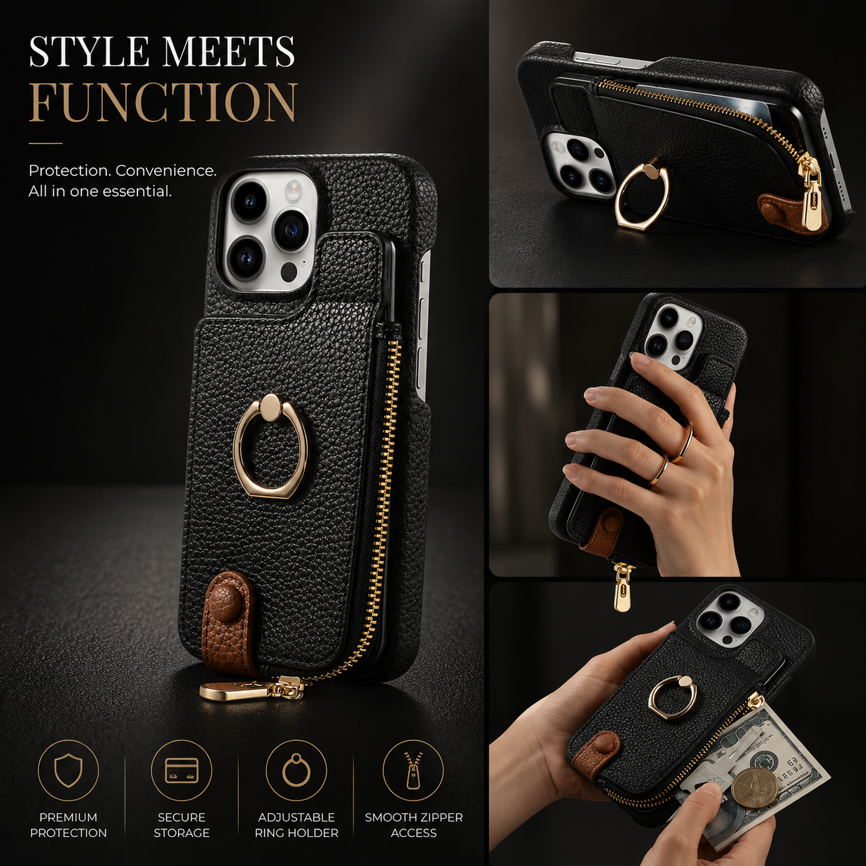 Premium iPhone Case Leather Zipper Wallet Protective Cover Card Holder Ring Kickstand Magnetic Closure Shockproof Anti Fingerprint Full Body Protection