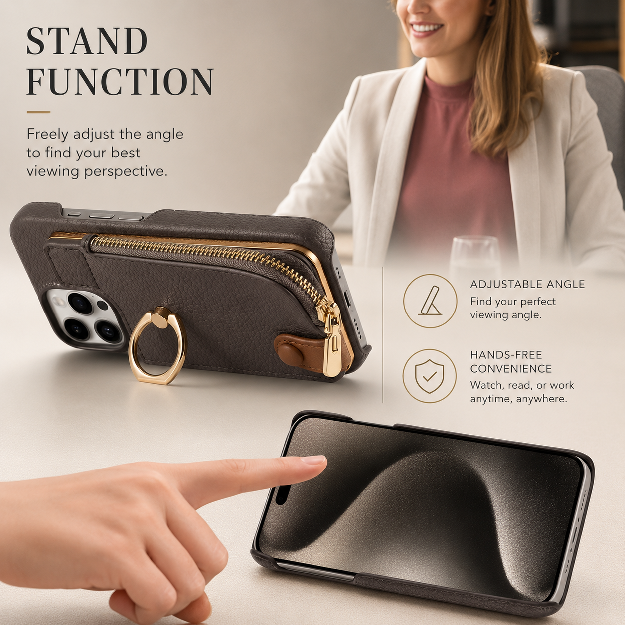 Premium iPhone Case Leather Zipper Wallet Protective Cover Card Holder Ring Kickstand Magnetic Closure Shockproof Anti Fingerprint Full Body Protection
