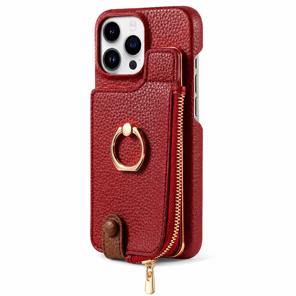 Premium iPhone Case Leather Zipper Wallet Protective Cover Card Holder Ring Kickstand Magnetic Closure Shockproof Anti Fingerprint Full Body Protection