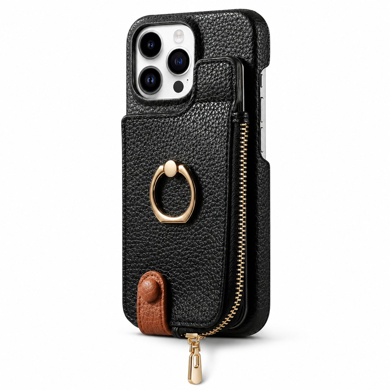 Premium iPhone Case Leather Zipper Wallet Protective Cover Card Holder Ring Kickstand Magnetic Closure Shockproof Anti Fingerprint Full Body Protection