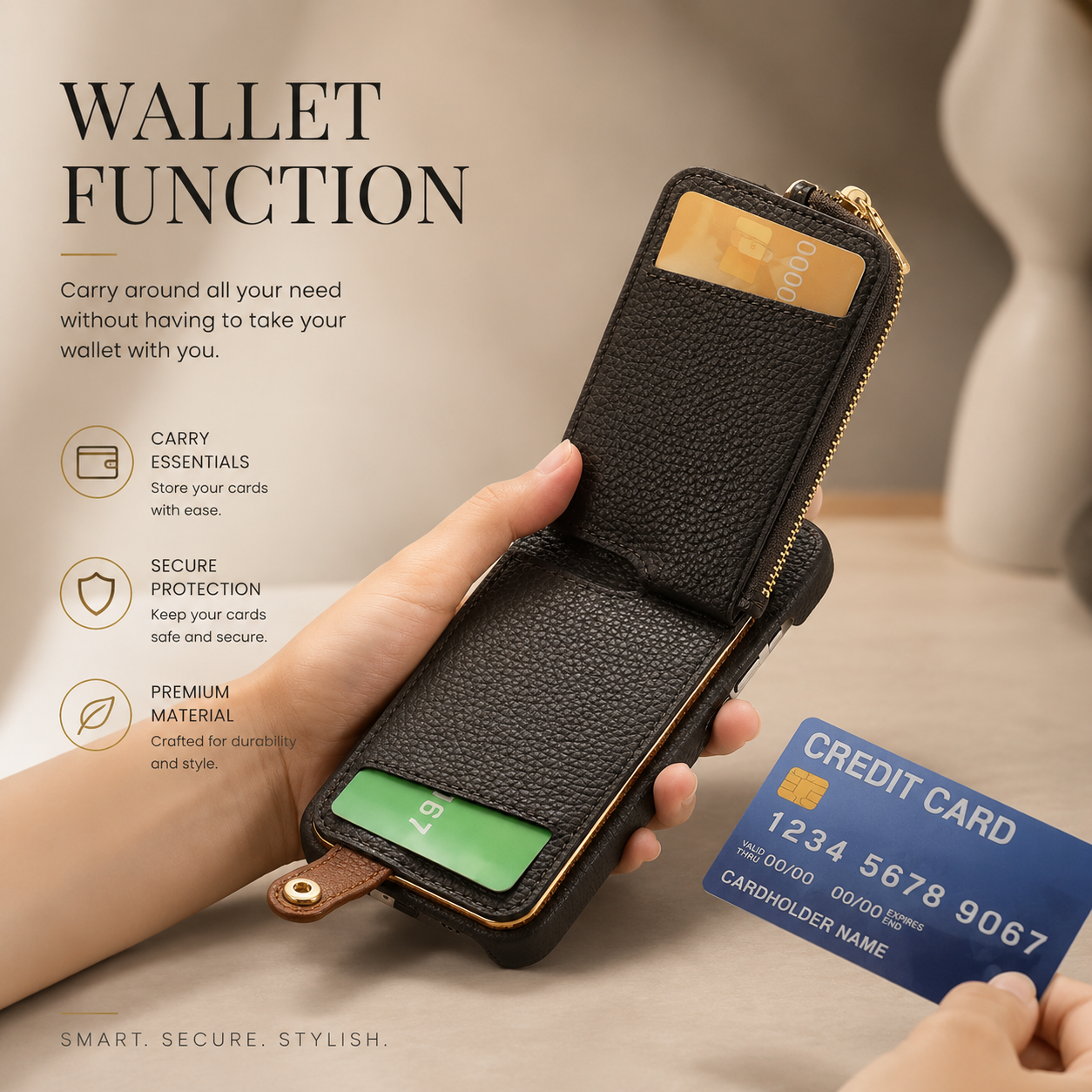 Premium iPhone Case Leather Zipper Wallet Protective Cover Card Holder Ring Kickstand Magnetic Closure Shockproof Anti Fingerprint Full Body Protection