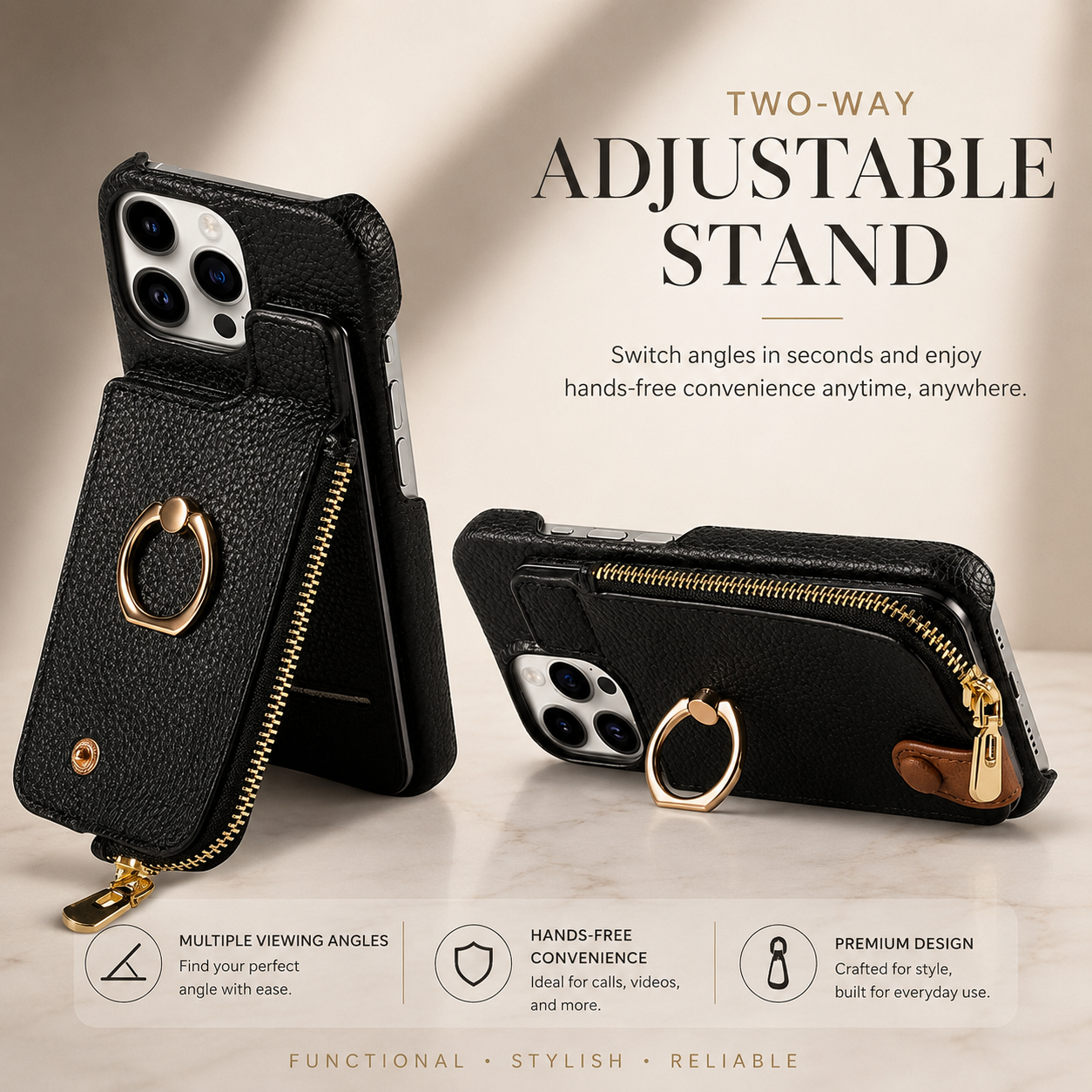 Premium iPhone Case Leather Zipper Wallet Protective Cover Card Holder Ring Kickstand Magnetic Closure Shockproof Anti Fingerprint Full Body Protection