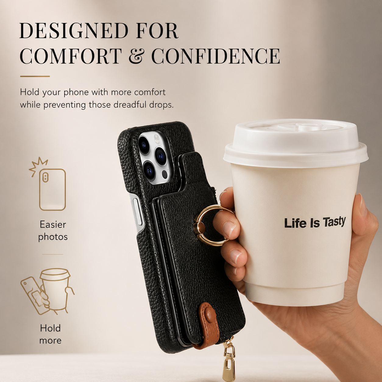 Premium iPhone Case Leather Zipper Wallet Protective Cover Card Holder Ring Kickstand Magnetic Closure Shockproof Anti Fingerprint Full Body Protection