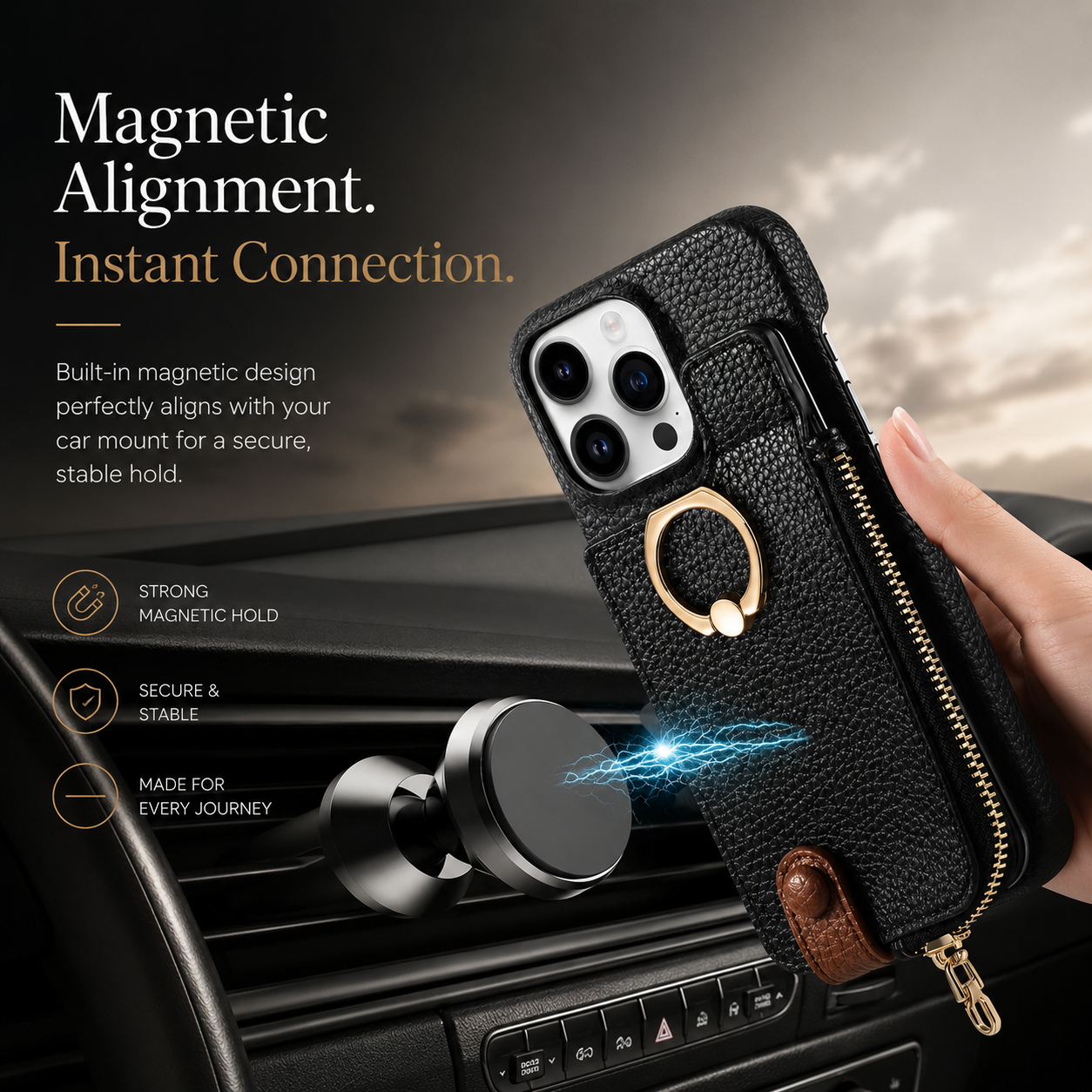 Premium iPhone Case Leather Zipper Wallet Protective Cover Card Holder Ring Kickstand Magnetic Closure Shockproof Anti Fingerprint Full Body Protection
