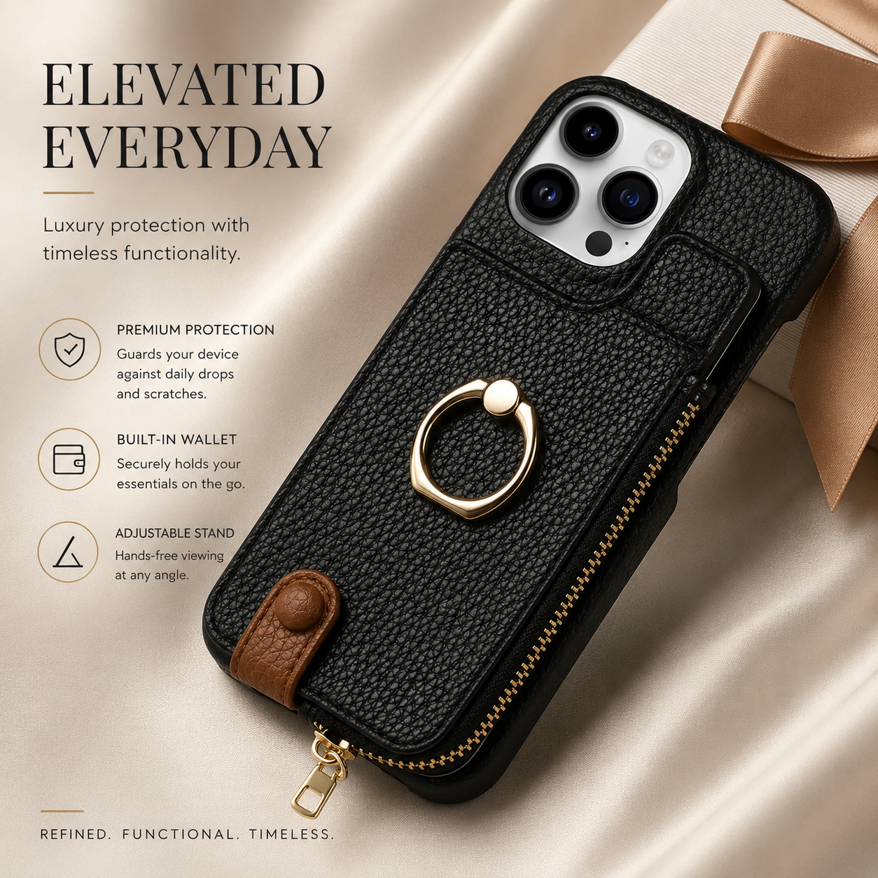 Premium iPhone Case Leather Zipper Wallet Protective Cover Card Holder Ring Kickstand Magnetic Closure Shockproof Anti Fingerprint Full Body Protection