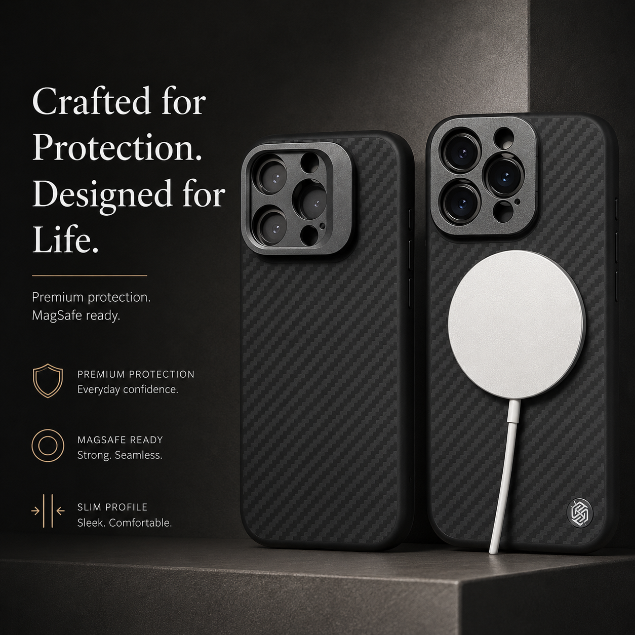Premium iPhone Case MagSafe Compatible 600D Kevlar Aramid Cover Invisible Camera Ring Stand Shockproof Slim Half Wrapped Protective Design