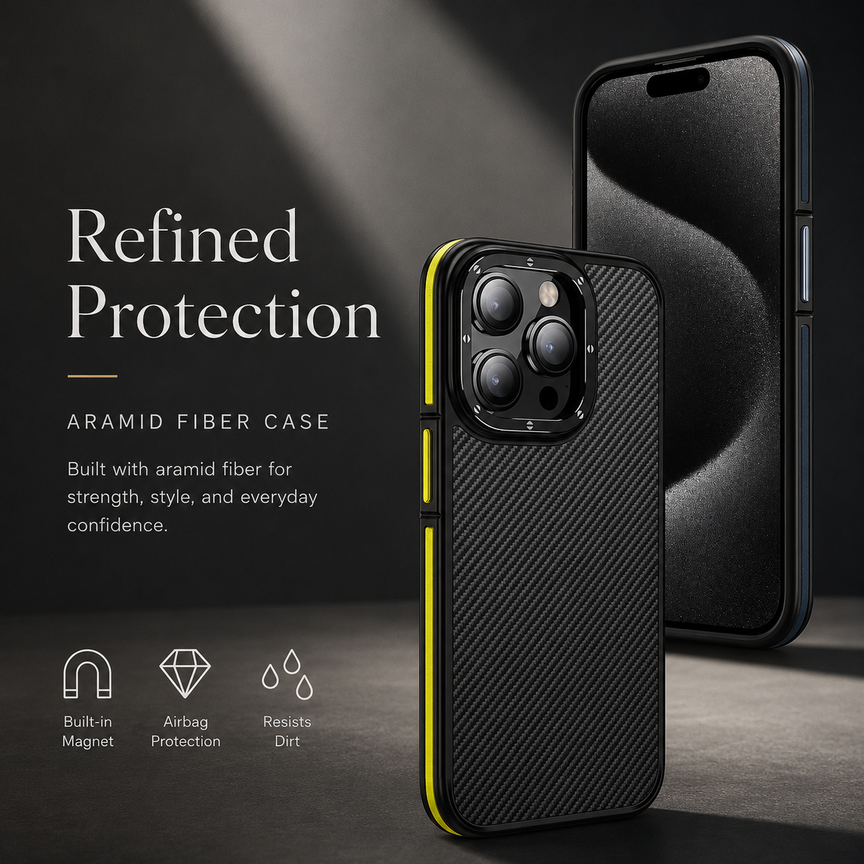 Premium iPhone Case MagSafe Compatible 600D Kevlar Magnetic Cover Metal Camera Ring Shockproof PC TPU Slim Half Wrapped Protective Design