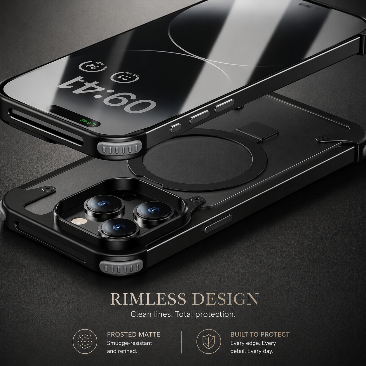Premium iPhone Case MagSafe Compatible Aluminum Frame Metal Back Built In Stand Ultra Thin Shockproof Camera Lens Protection Frameless Matte Design