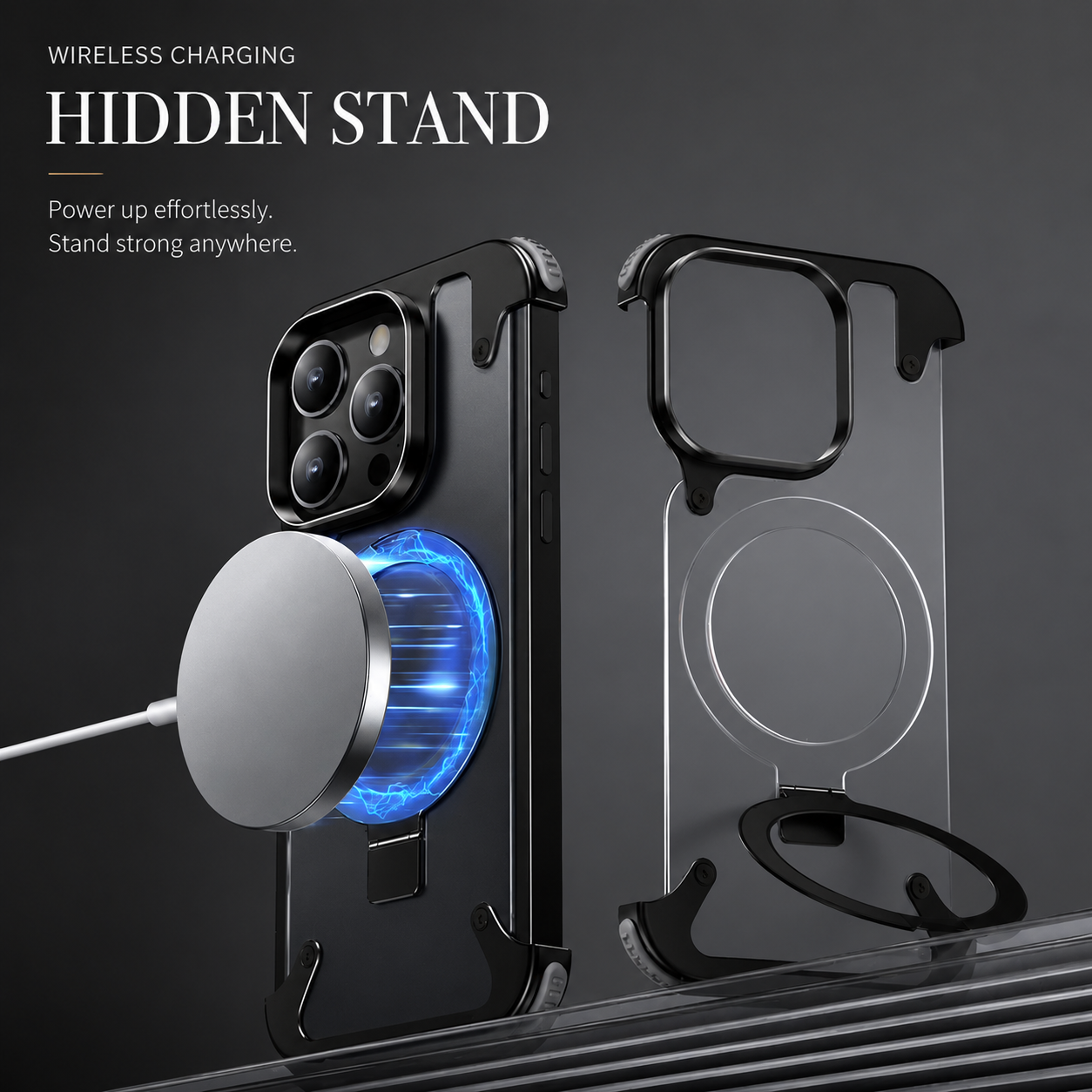 Premium iPhone Case MagSafe Compatible Aluminum Frame Metal Back Built In Stand Ultra Thin Shockproof Camera Lens Protection Frameless Matte Design