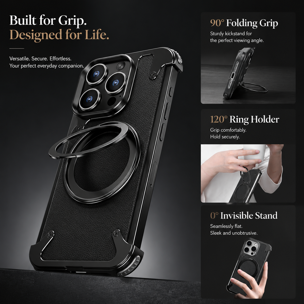 Premium iPhone Case MagSafe Compatible Aluminum Frame Metal Back Built In Stand Ultra Thin Shockproof Camera Lens Protection Frameless Matte Design