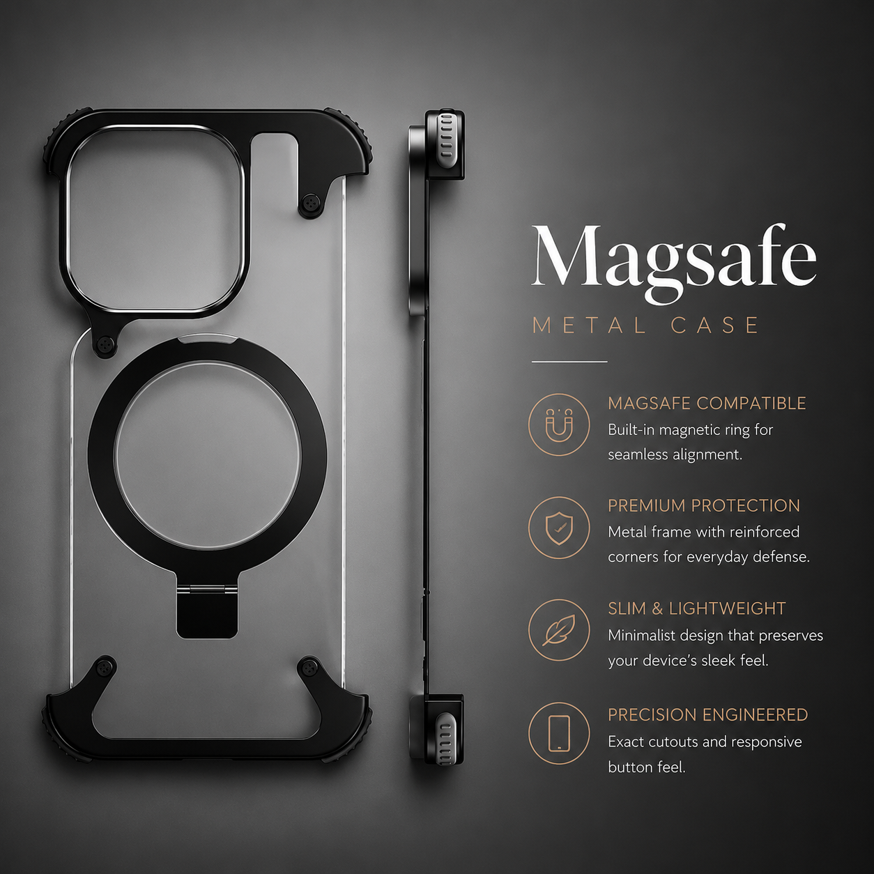 Premium iPhone Case MagSafe Compatible Aluminum Frame Metal Back Built In Stand Ultra Thin Shockproof Camera Lens Protection Frameless Matte Design