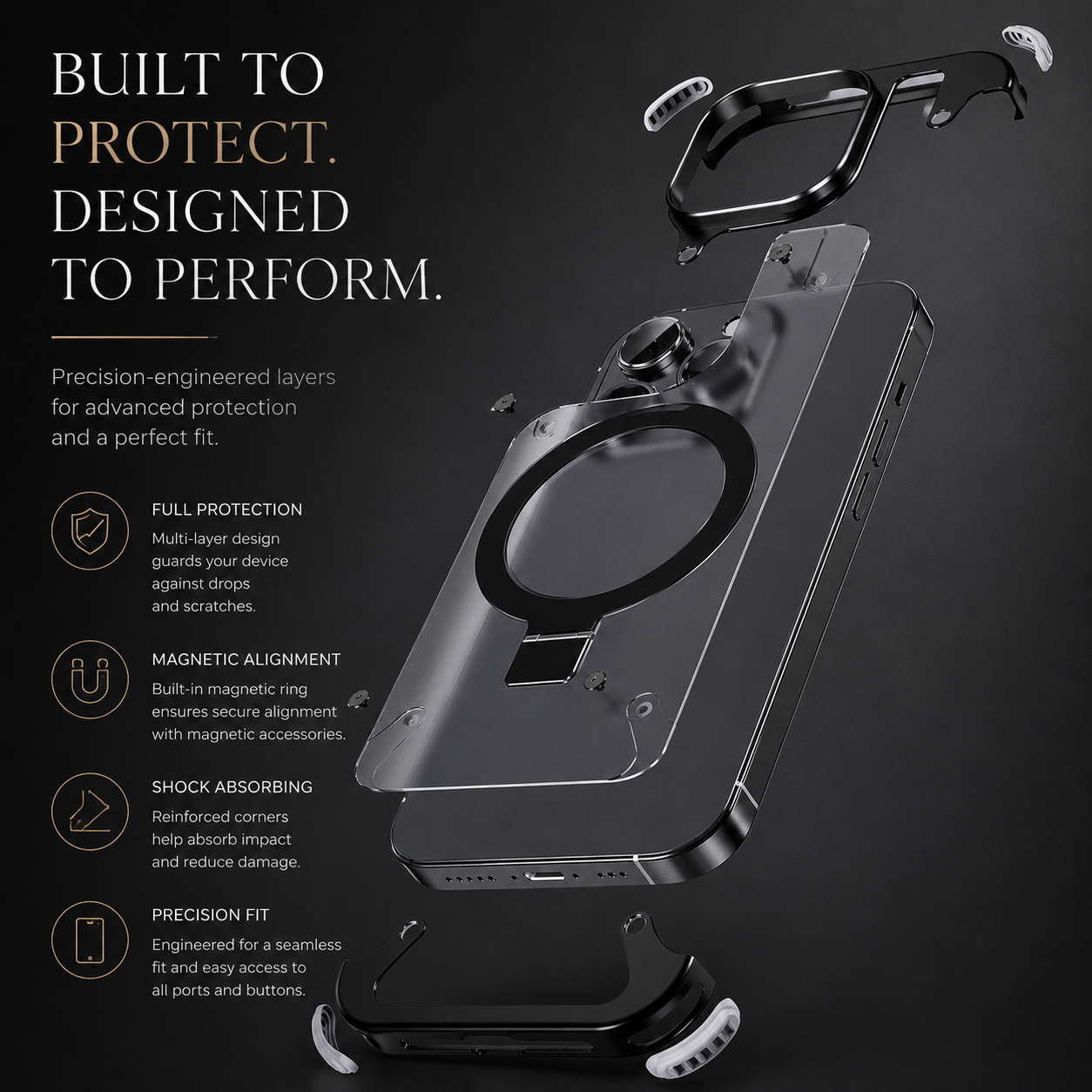Premium iPhone Case MagSafe Compatible Aluminum Frame Metal Back Built In Stand Ultra Thin Shockproof Camera Lens Protection Frameless Matte Design