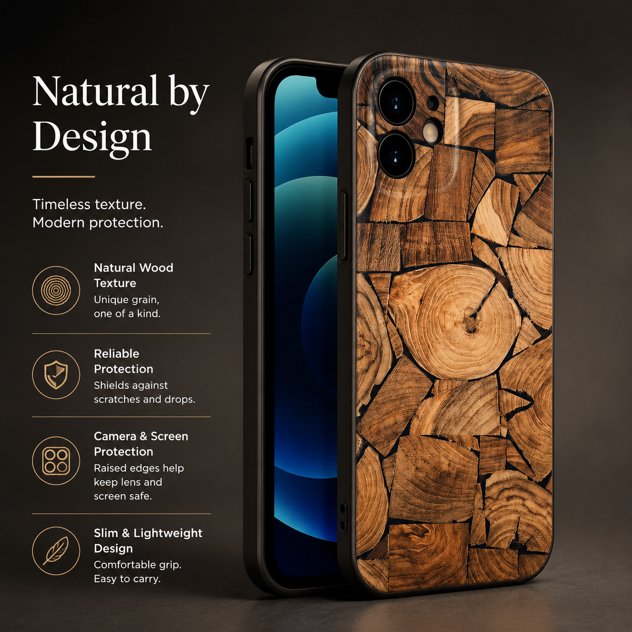 Premium iPhone Case MagSafe Compatible Bamboo Wood Grain Cover Metallic Frame Shockproof Protective Slim Camera Lens Protection Natural Design